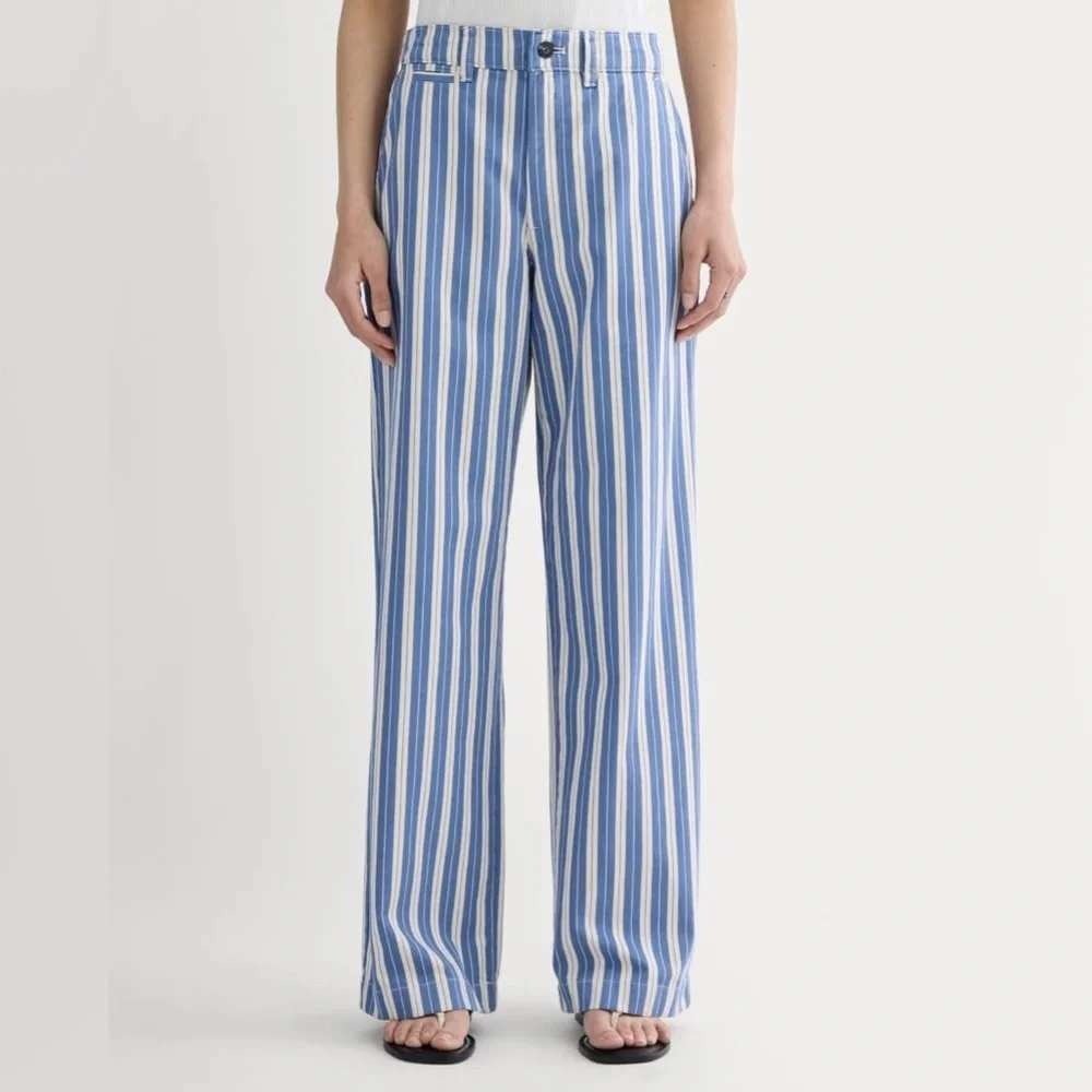 Everlane The Wide-Leg Chino Pants Blue White Stripe High Rise Organic Cotton 4 - Picture 1 of 11